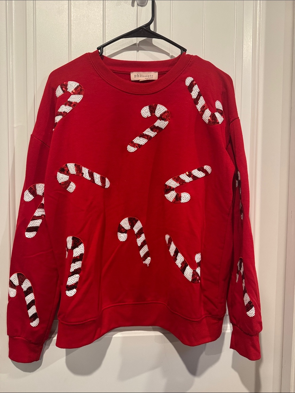 Philosophy Red Crewneck Sweater with Sequin Candy Cane Appliqués